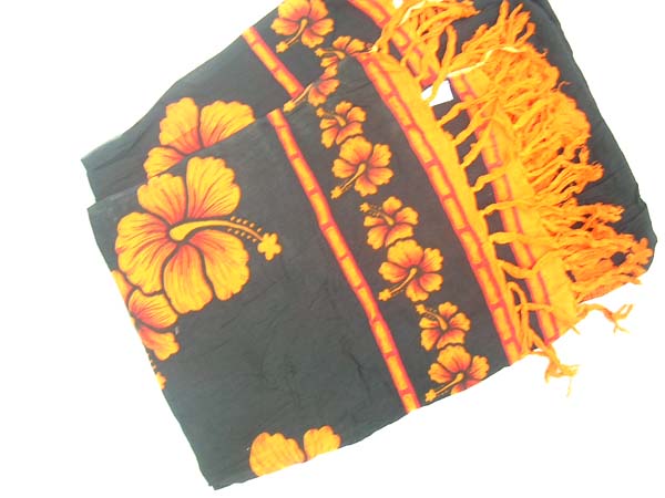 Spring fashion sarong in black and orange with hibiscus theme, international apparel outlet