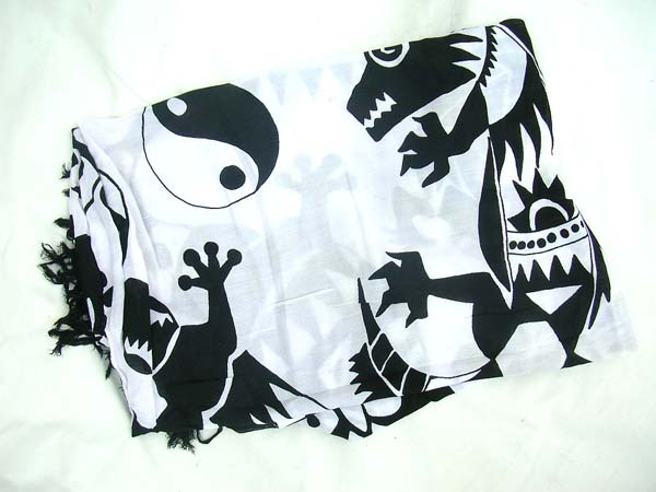 Batik island sarong in black and white with tribal print of gecko and yin yang sign, Canada outsourcing agent