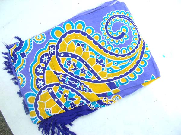 Outsourcing clothing agent, Paisley style fashion sarong in purple, yellow and blue