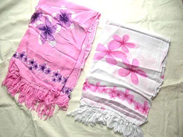 White and pink colored fashion sarong with flower theme, import fashion store