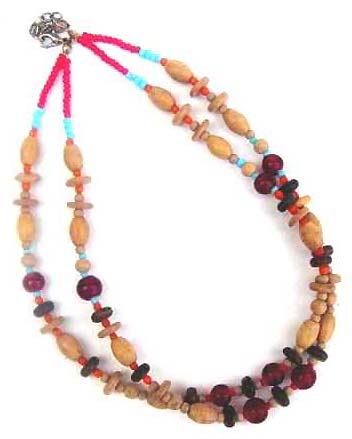 Wholesale indian jewelry, fashion necklace in double wooden and plastic beaded string design