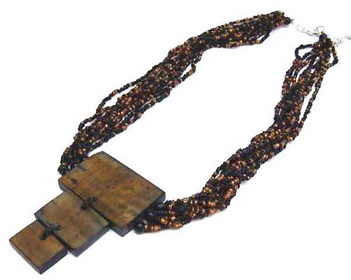 Wholesale jewelry necklace, multi beaded string necklace with 3 rectangular wooden pendant