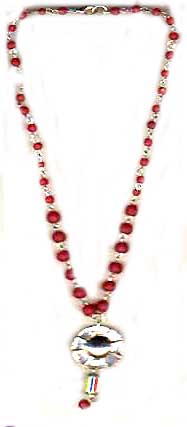 Wholesane unique jewelry, red beaded necklace with metal pendant and dangle 