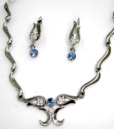 Jewelry set online shop, wave chain necklace with cz pendant and stud earring set 