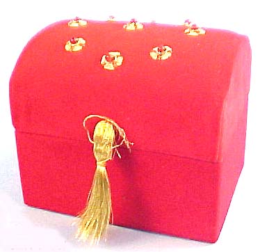 Bali import jewelry online shop, reddish fashion jewelry box with beaded golden flower decor and yellow dangle closure 