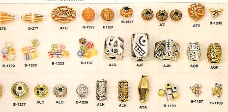 Collectible art jewelry supply, golden or silvery beads in assorted design 