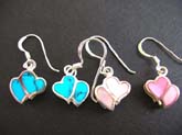 Double hear love Thailand made 925 sterling silver fish hook earring with turquoise chips and seashell inlay