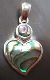 Heart shape abalone seahell inaly sterling silver pendant with a rounded mini abalone seashell on top