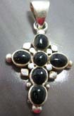 Multi black semi-precious onyx gemstone in central square cross  sterling silver pendant